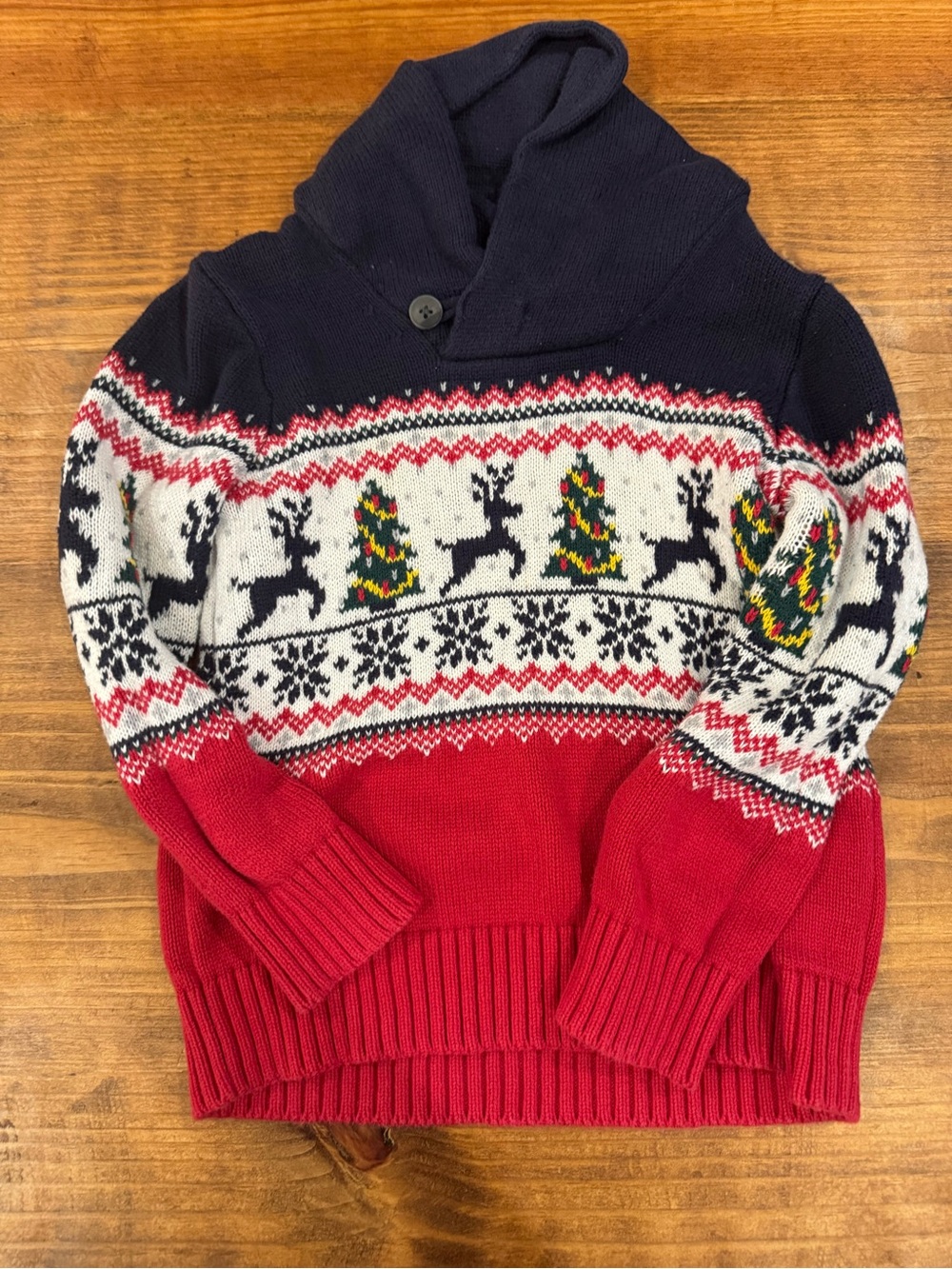 Toddler Navy and Red Holiday Shawl-Collar Sweater